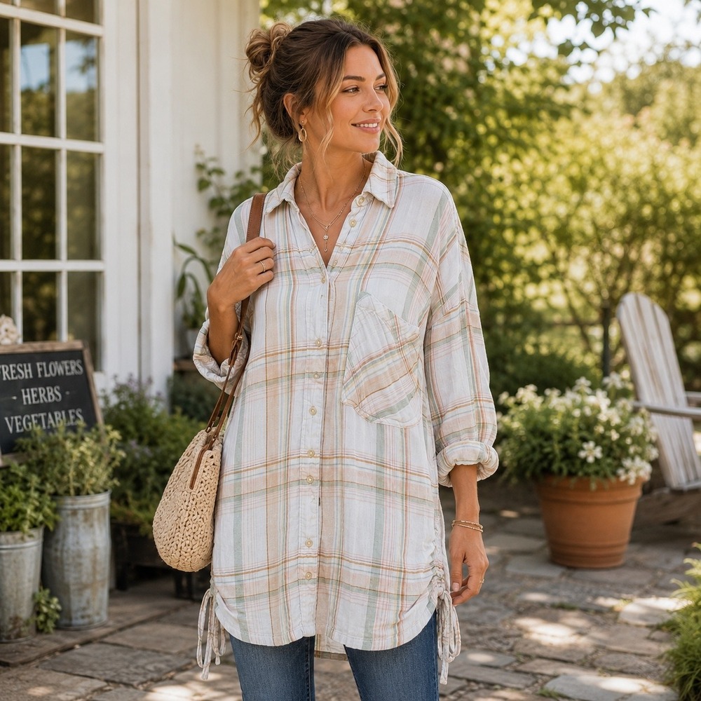 Free People Plaid Side Tie Gauze Tunic Top Pastel Button Down OB812079  M Boho